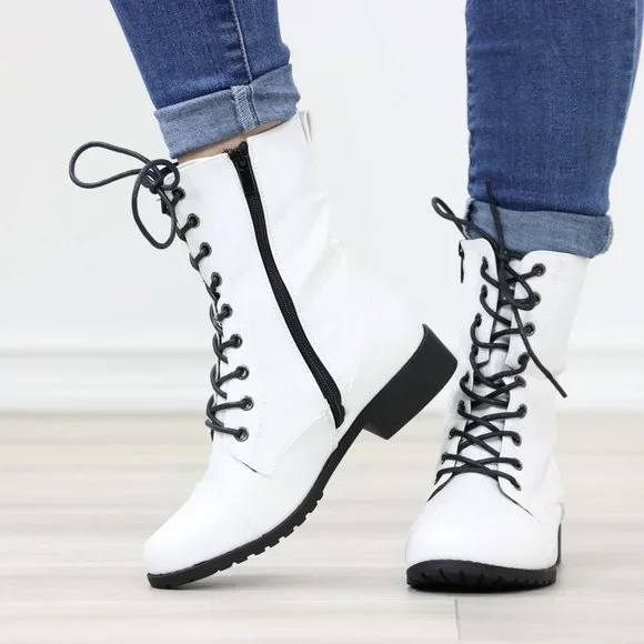 White Synthetic Leather Low Heel Round Toe Above Ankle Combat Boots - Picture 10 of 13